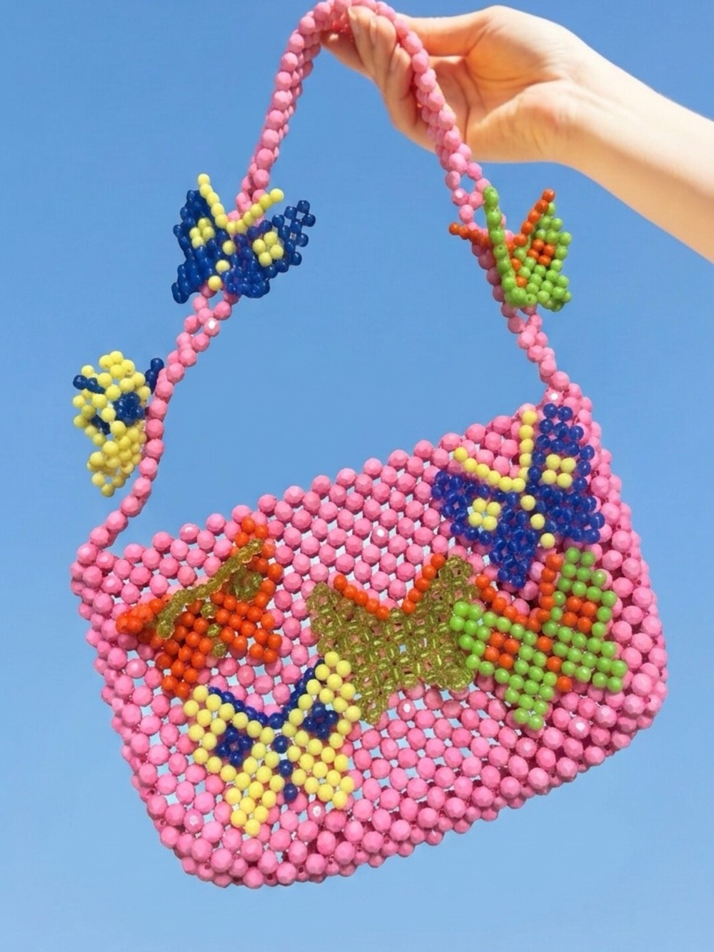 AKIRA Pink Beaded Mini Shoulder Bag with Multicolor Butterfly Accents